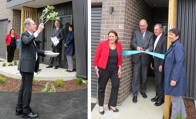 Bishop Paul Bird blesses the new apartments at Mitchell Park and Minister of Housing Richard Wynn cuts the ribbon to officially launch the housing